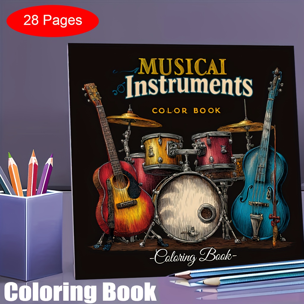 Musical Instrument Coloring Pages - 28-seitiges Malbuch für Musikinstrumente zur Stressreduzierung